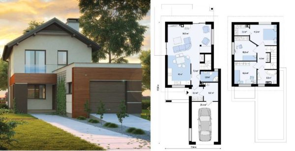 O projeto de uma pequena casa de dois andares para uma residência de verão com garagem anexa: área de estar 100 m2. m, garagem para um carro