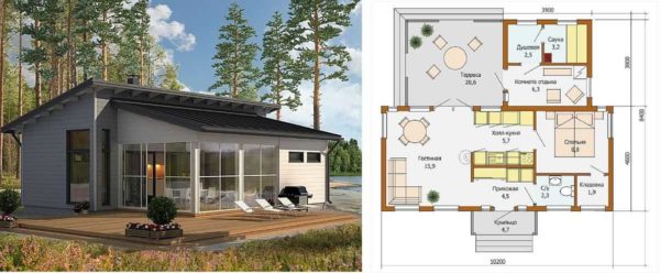 Projeto de casa de campo de estilo escandinavo com banheira / sauna