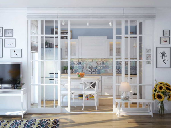 Este é o visual das divisórias clássicas de vidro francês em um apartamento.