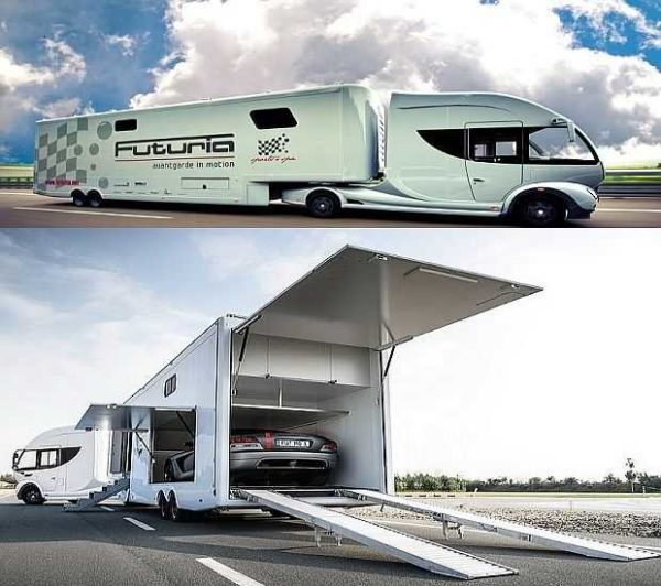 Dit is ook een stacaravan in een aanhanger ... Futuria met zwembad, garage voor een sportwagen, woonkamer en slaapkamer