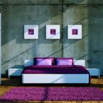 צבע סגול בחדר השינה בסגנון מינימליזם