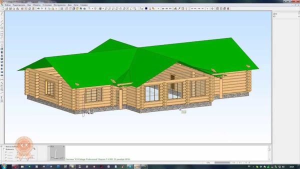 Ακόμα και ένα τόσο μεγάλο σπίτι κατασκευασμένο από κορμούς μπορεί εύκολα να υπολογιστεί από το πρόγραμμα σχεδιασμού ξύλινων σπιτιών.