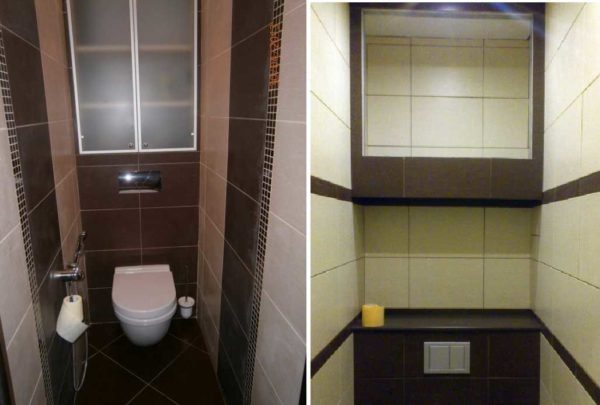 Kaca fros dan cermin juga merupakan pilihan yang mungkin untuk fasad untuk almari di tandas
