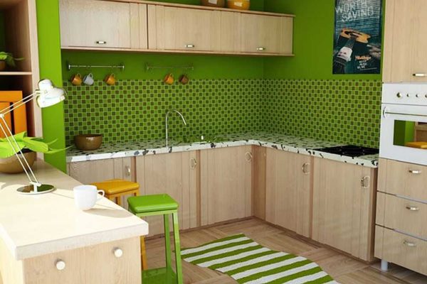  Fachada da cozinha marrom e parede verde, acessórios em um tom diferente