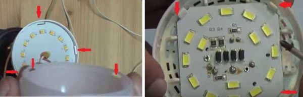 A maioria das peças da lâmpada LED são presas por botões de pressão
