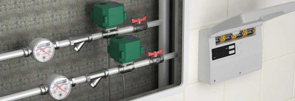 La protecció contra fuites d’aigua consta de tres components: sensors de presència d’aigua, aixetes elèctriques i un controlador que controla tot això