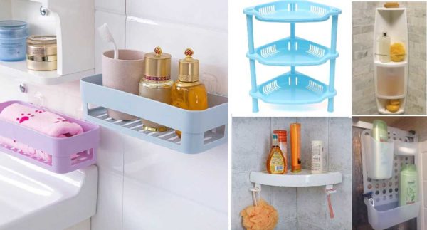 As prateleiras de plástico do banheiro podem ter diferentes formas e métodos de instalação