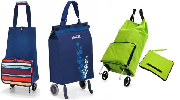 Tekerlekler üzerindeki çerçevesiz alışveriş çantası, sarıldığında çok kompakttır (bu, o küçük açık yeşil pakettir)
