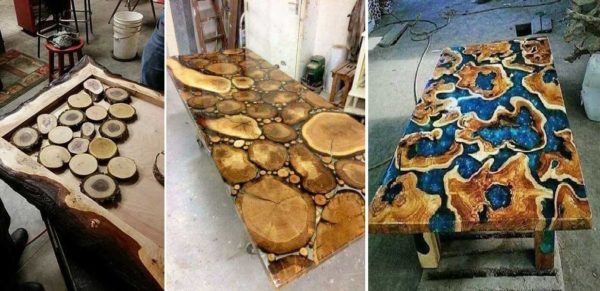 Você pode fazer uma mesa com cortes de madeira e resina epóxi em diferentes formas