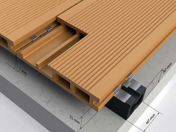 Montagesysteem voor terrasplanken van polymeer