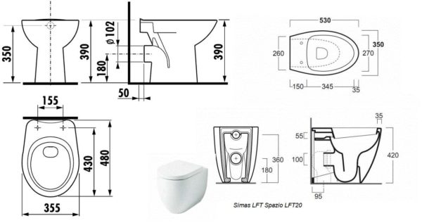 Dimensões de vasos sanitários montados no piso sem cisternas