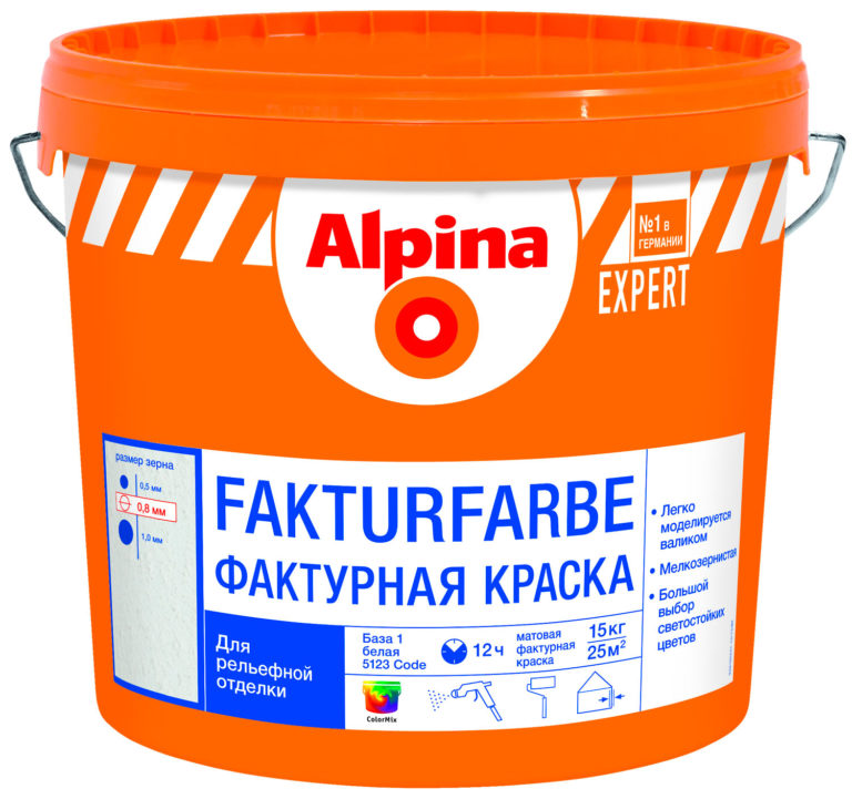 Structuurverf Alpina Expert - goede kwaliteit tegen een redelijke prijs (ongeveer 2400 roebel voor 15 kg)